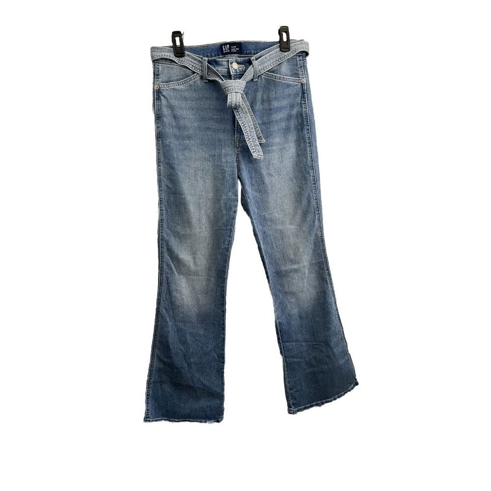 Gap Denim High Rise Flare Jeans Women 10/30 Light Wash Belted Raw Hem